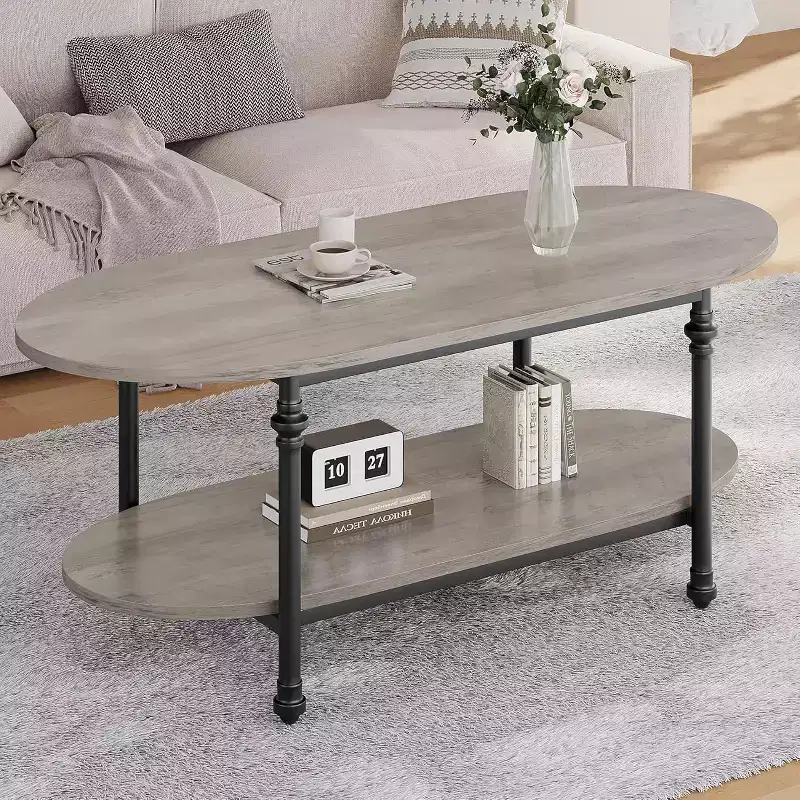 Oval 2-Tier Coffee Table with Storage, 47.2 Mid Century Grey Center Table, Modern Wood & Metal Cocktail Table for Living Room or Office