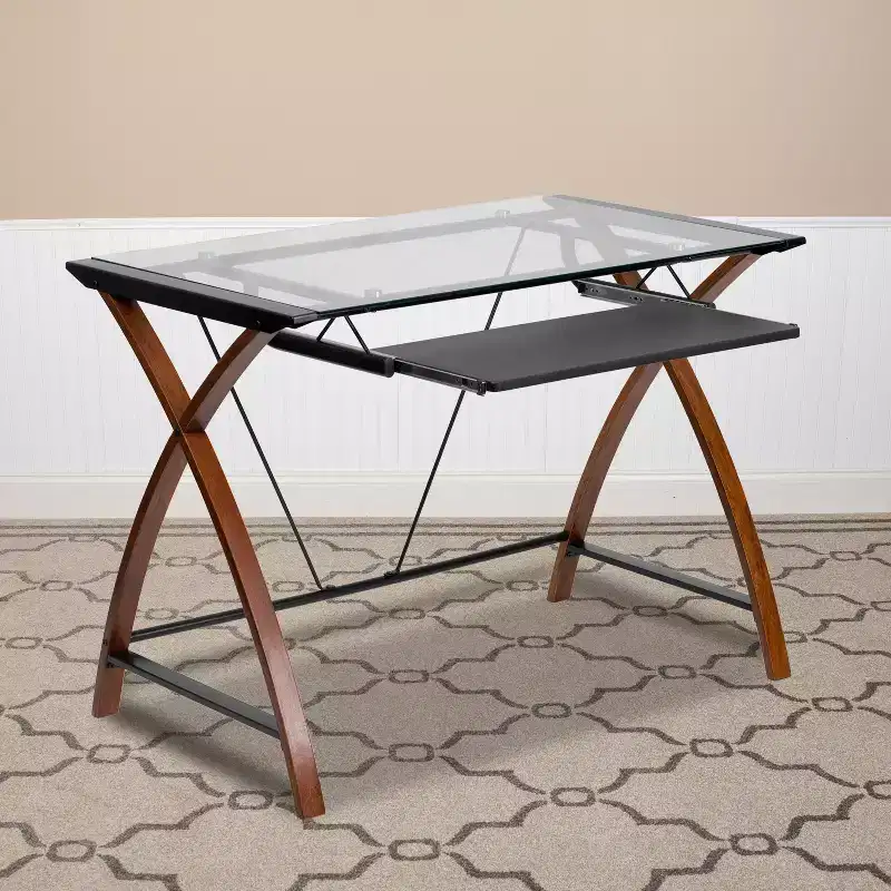 Emma and Oliver Glass Computer Desk-Pull-Out Keyboard Tray & Crisscross Frame