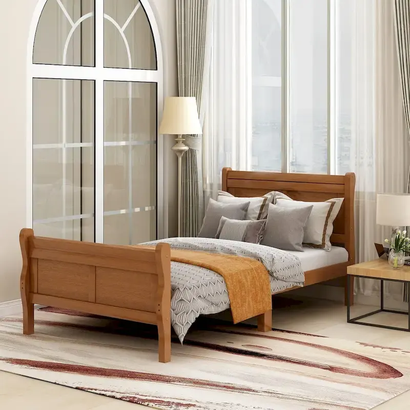 Twin/Full/Queen Wood Frame Sleigh Bed with Footboard