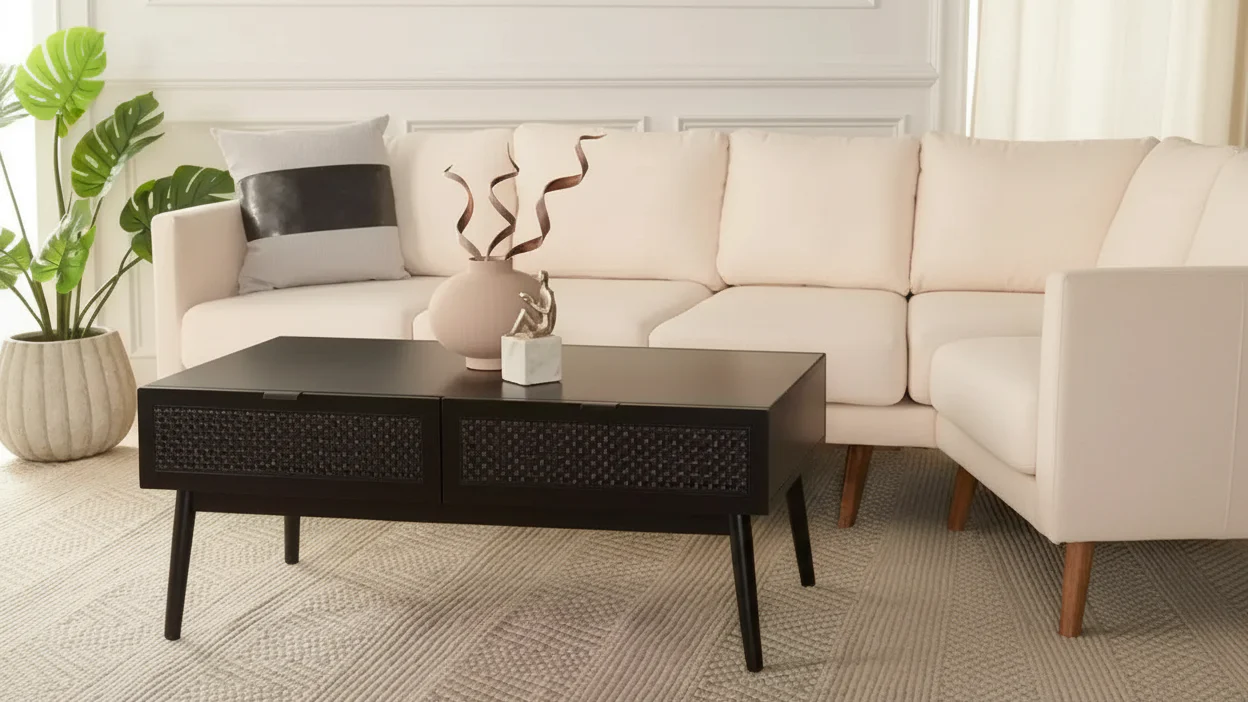 2-Drawer Coffee Table with Rattan Facade & Tapered Legs – Rectangle, Wood Frame, 150 lbs Capacity