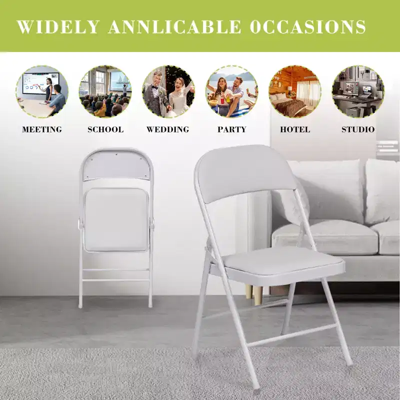 SUGIFT 4 Pack Folding Chairs with Padded Seats, Metal Frame with Pu Leather Seat & Back, White