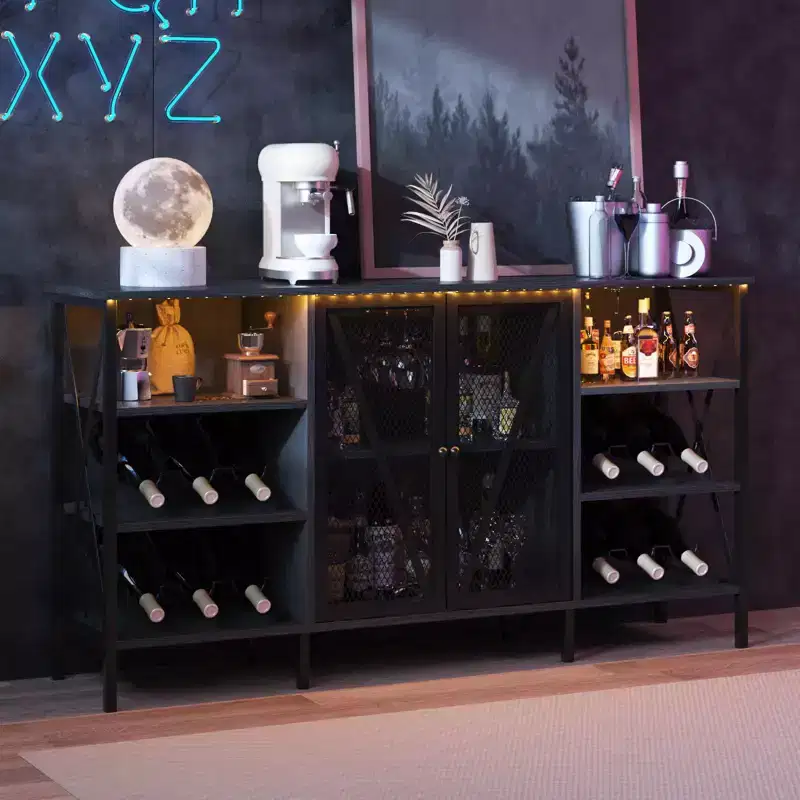 TruAIR Farmhouse Wine Bar Cabinet with LED Light, Industrial Coffee Bar with Wine Rack and Glass Holder