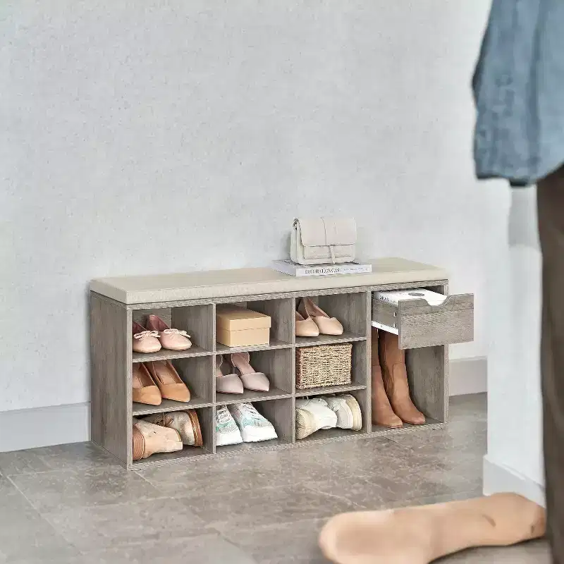 Storage Bench, Entryway Bench with Cushion, Drawer and Open Compartments, Bench with Storage, for Living Room, Bedroom, Closet