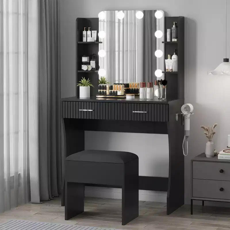 Makeup Vanity Desk with Mirror and 12 LED Lights, Modern Dressing Table Furniture with Hair Dryer Holder Stool for Bedroom