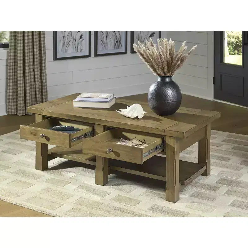 Signature Design by Ashley Vandenmore Rectangular Coffee Table, Farmhouse Storage Table with Drawers and Bottom Shelf, Medium Brown
