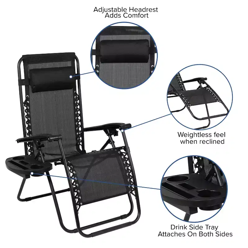 Flash Furniture Adjustable Folding Mesh Zero Gravity Reclining Lounge Chair with Pillow and Cup Holder Tray, Set of 2