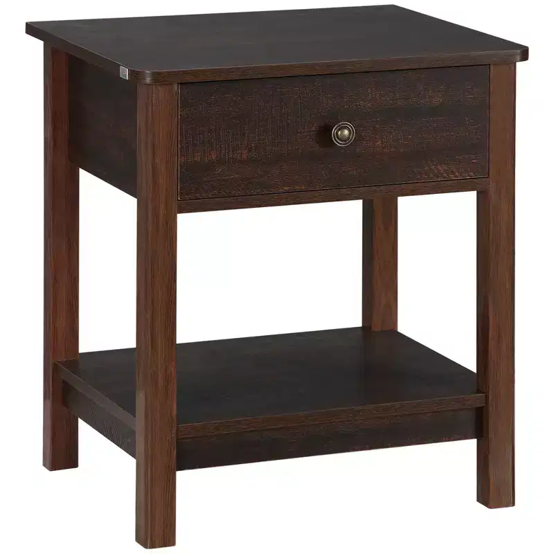 End Table with Drawer, Side Table with Top and Bottom Shelf for Small Spaces, Dark Brown