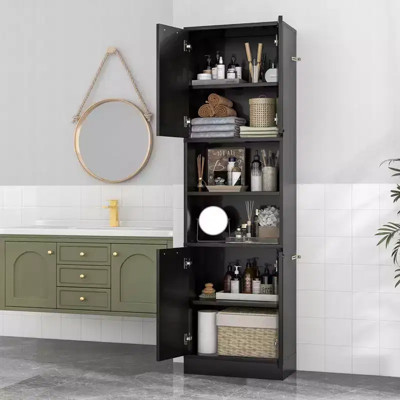 Costway 75 Tall Bathroom Storage Cabinet with 4 Doors & 2 Open Compartments Freestanding Black/White