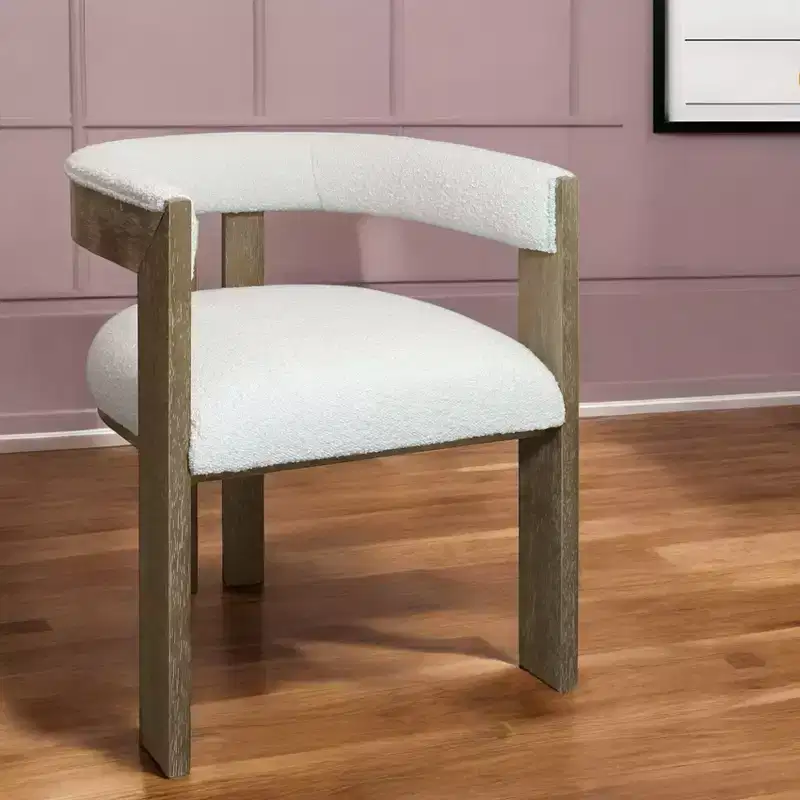 HomeRoots Ivory and Brown Upholstered Boucle Open Back Dining Arm Chair