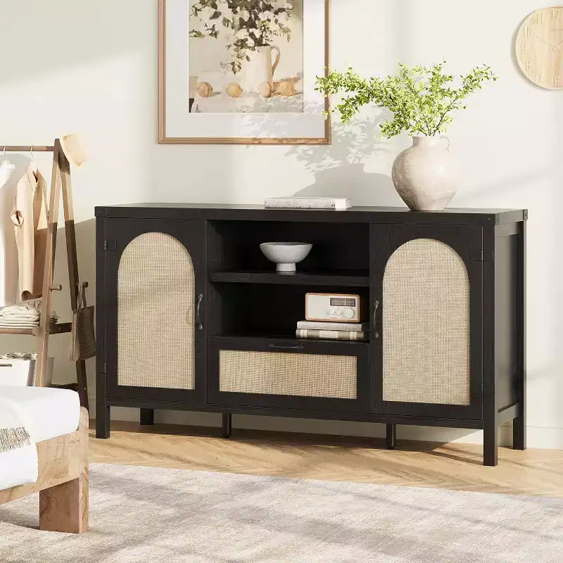 Wood & Rattan Sideboard Cabinet 59.1''W x 18.43''D x 8.07''H