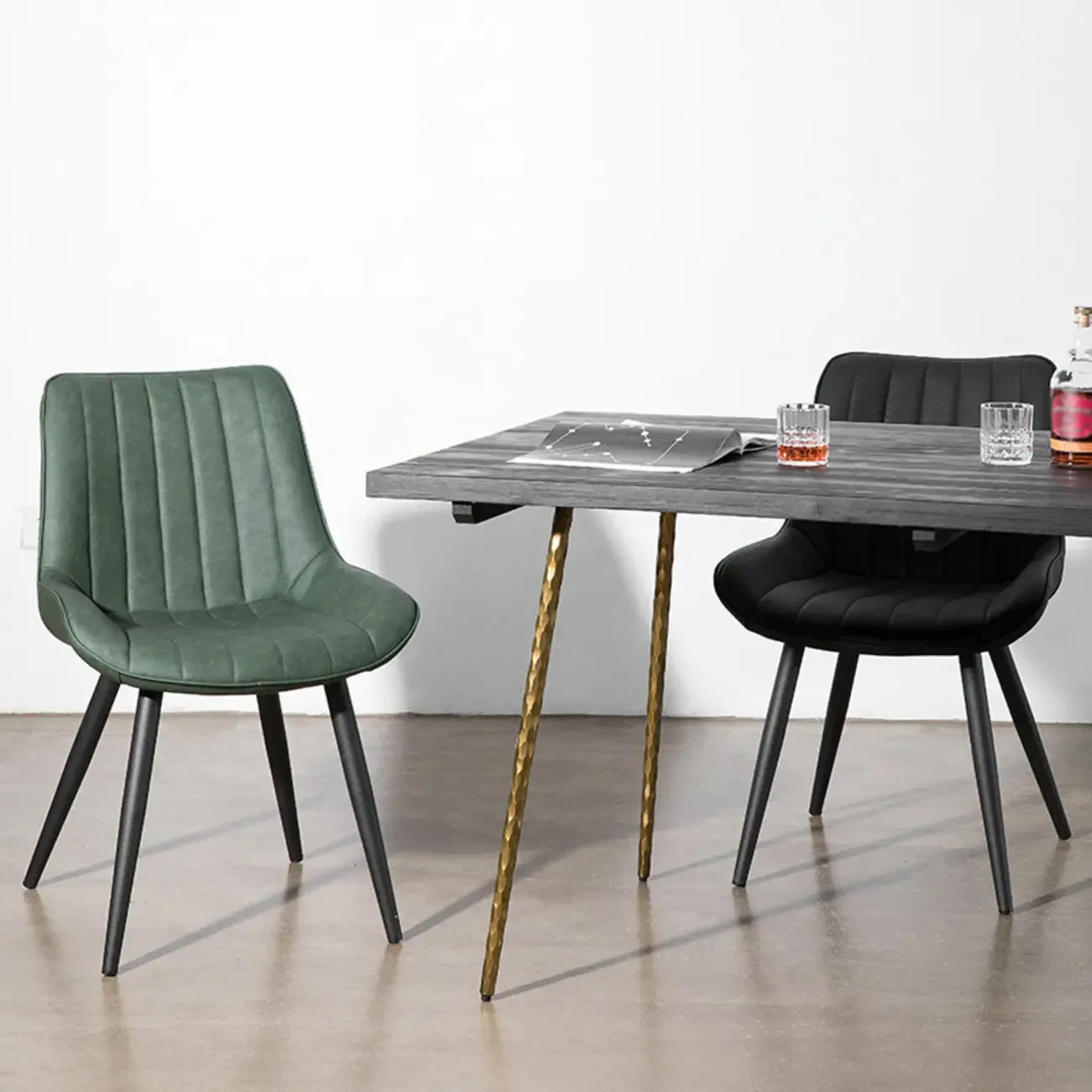 Simple Upholstered Leather Dining Chair Solid Back Metal Legs