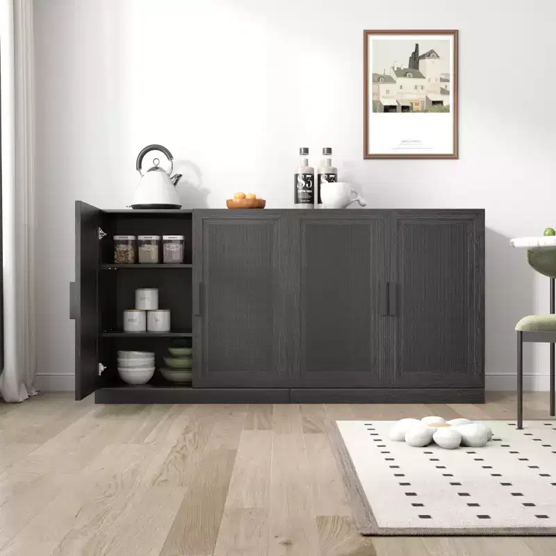 31x62x16 Wood Grain Buffet Cabinet in Black, Storage Organizer with Adjustable Shelves and Rattan Doors for Kitchen Bedroom Living/Dinning Room