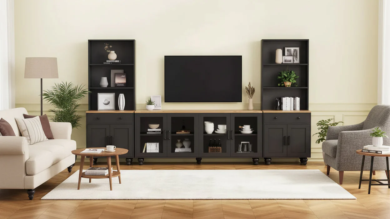 Farmhouse TV Stand for TVs Up to 70, Entertainment Center with Bookshelves & Tempered Glass Doors