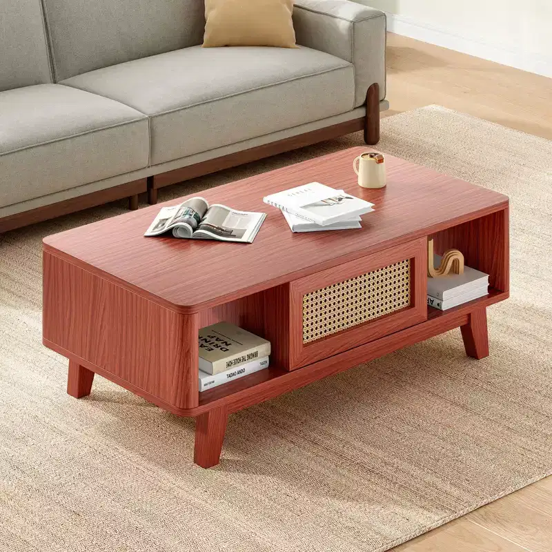 Mid-Century 2-Tier Wooden Coffee Table with Rattan Drawer & Open Shelf, Farmhouse Center Table