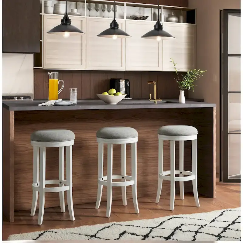 Avery White Wood Backless Swivel Bar Stool, Gray Fabric Seat