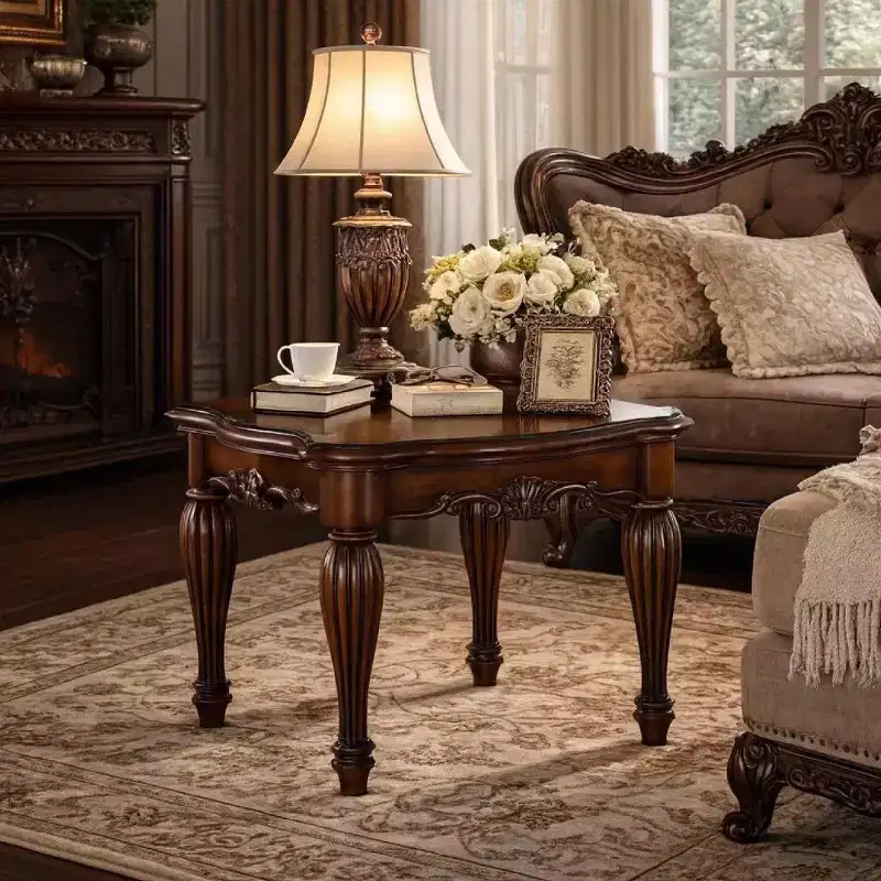 Square Top End Table with Scrolled Leg and Bottom Shelf, Cherry Brown