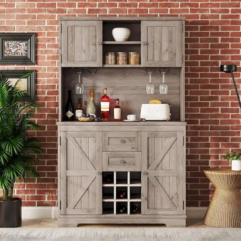 Dark Blue / Brown Oak / Off White Bar Cabinet with Drawers, Shelves & Cabinets