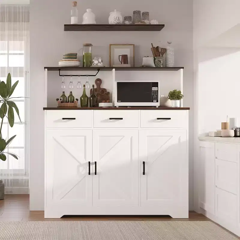 59 Farmhouse Sideboard Buffet Cabinet with Barn Doors, 3 Drawers & Shelves, Microwave Stand, Modern Storage for Kitchen or Dining Room