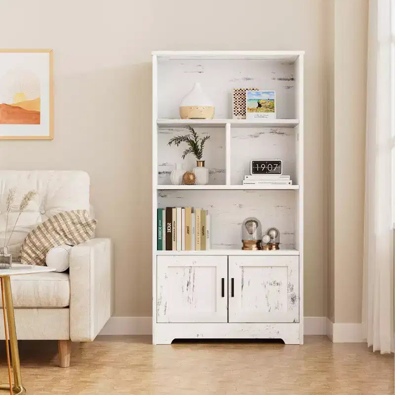 Modern Storage Rack 4 Shelf Standing Bookshelves with Light,White Tall Bookcase with Doors and Shelves,Bookshelf with Storage Cabinets for Living