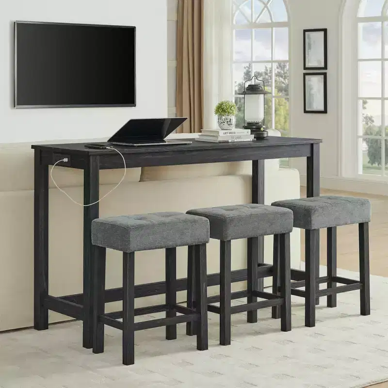 Okak 4-Piece Farmhouse Style Dining Table Set & Bar Stools for Kitchen,Dining Room,Solid Wood Breakfast Table Set with Power Outlet