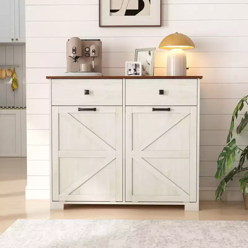 Farmhouse Double Storage Cabinet with 4 Drawers, Free Standing Cabinet, Barn Door Style Laundry Sorter Cabinet for Kitchen