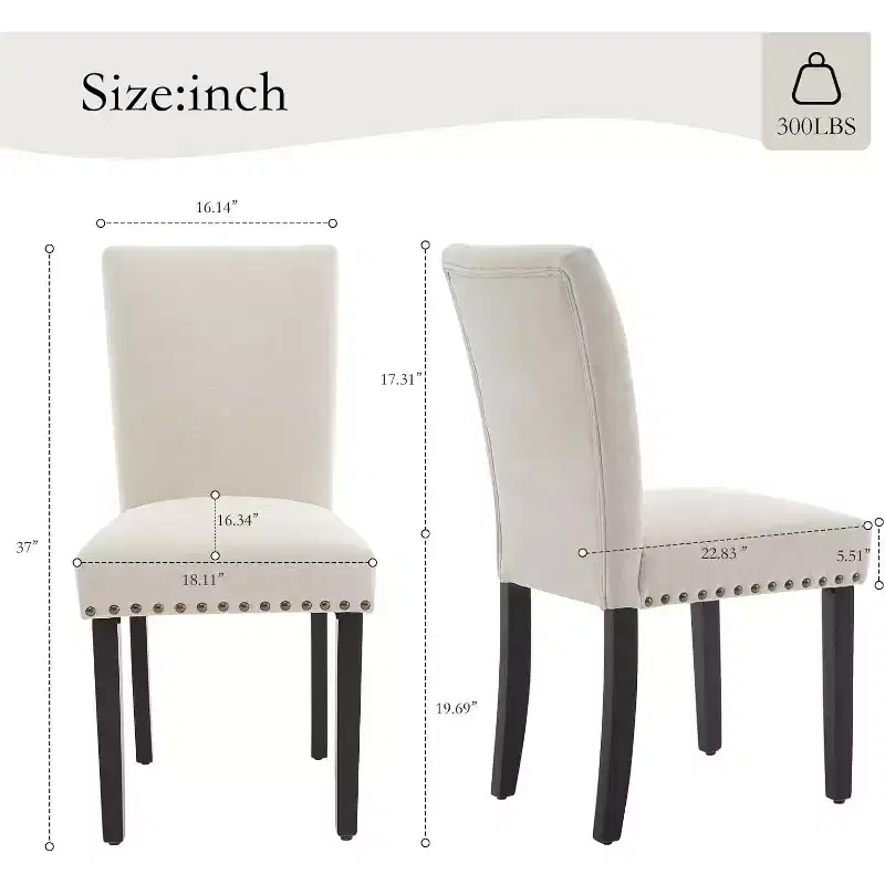 Dining Chairs Set of 2, Upholstered Diner Room Chair Sets, Fabric Kitchen Chairs with Nailhead Wood Legs and Padded Cushion, for Living Room