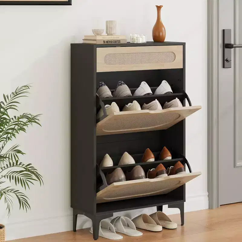 DobleePy Oak Rattan Shoe Cabinet, 3-Tier Shoe Storage with 2 Flip Drawers & 1 Pull-Out Drawer, Adjustable Shelf, Narrow Organizer for Entryway