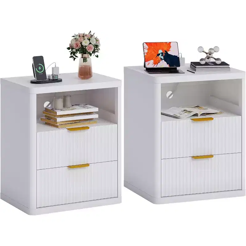 Fluted Nightstand Set of 2, Bedside Table with 2 Drawers & Open Storage Space, Modern White End Table with Metal Handles & Rounded Corners