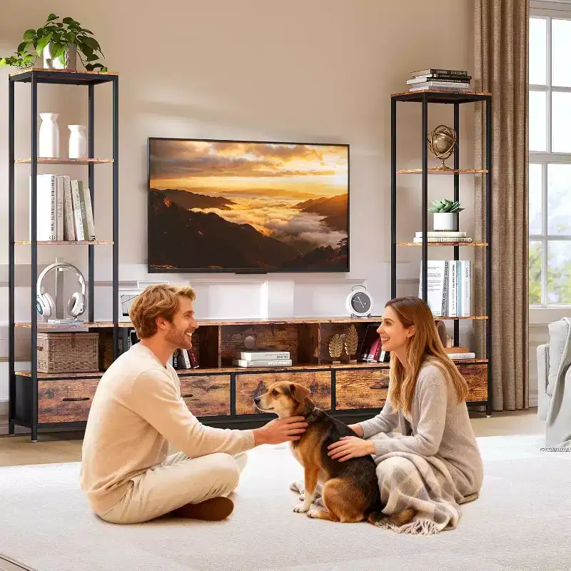 TV Stand for 65 inch TVs with Bookshelves, Entertainment Center with LED Lights & Power Outlets, 5 Fabric Drawers, Industrial TV Console
