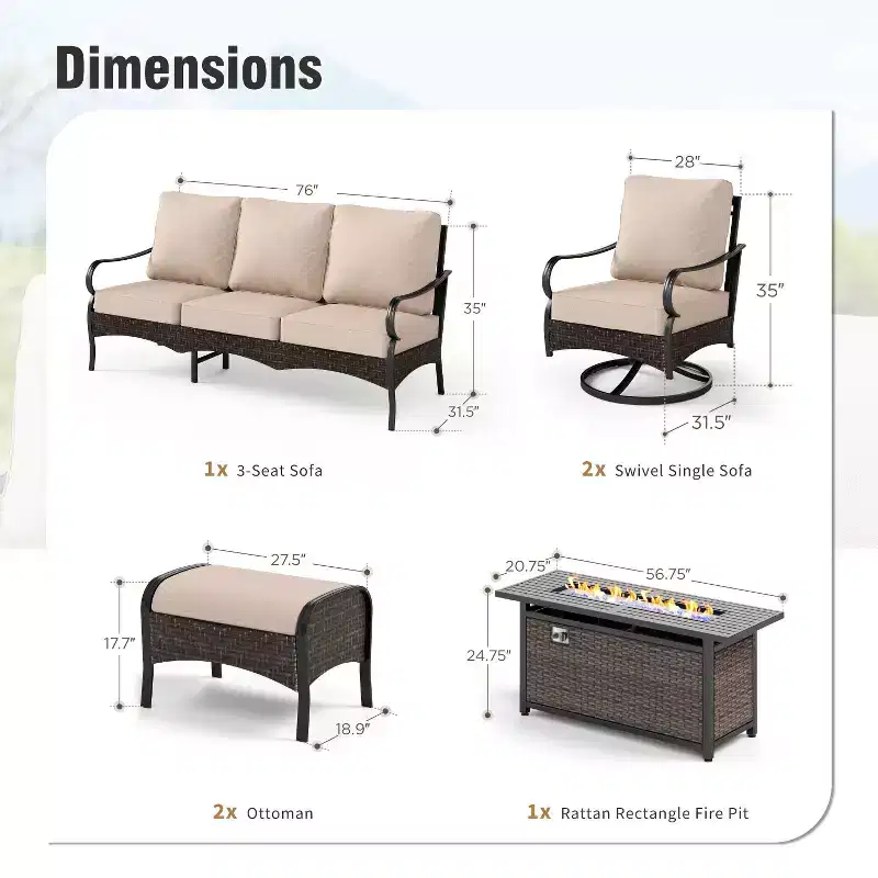 Captiva Designs 6pc Extra Large Metal and Rattan Outdoor Patio Fire Pit Set with Swivel Sofas and Ottomans