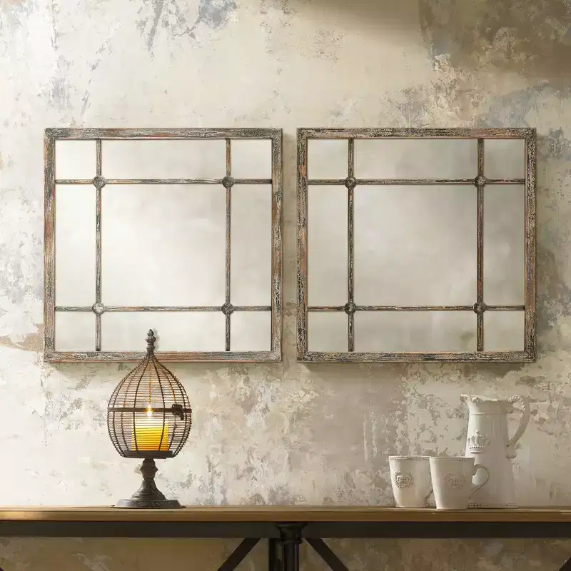Uttermost Square Vanity Accent Wall Mirrors Set of 2 Rustic Distressed Slate Blue Aged Ivory Frame 19 Wide for Bathroom Bedroom