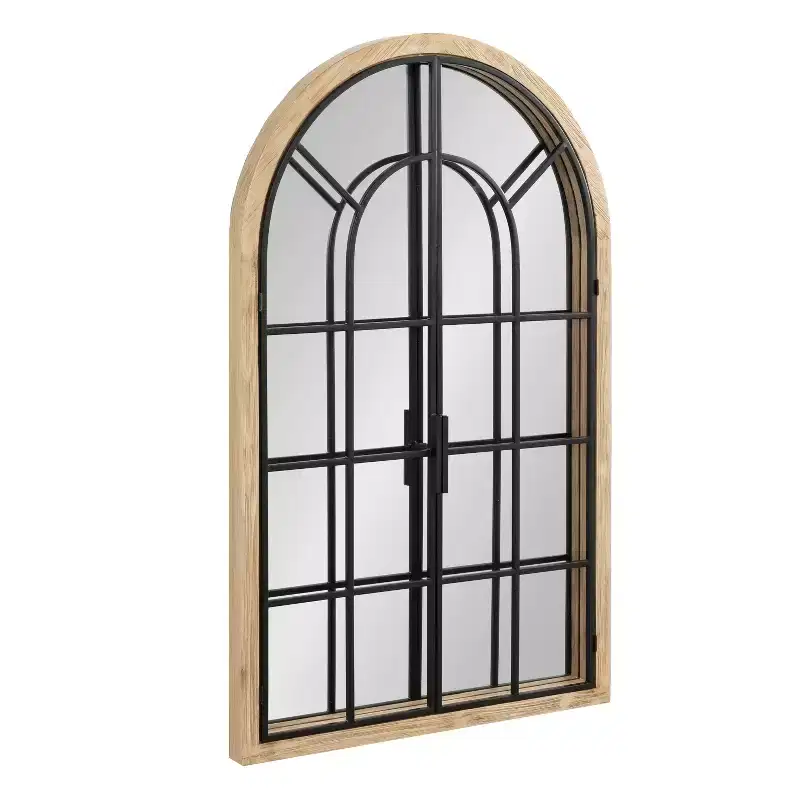 26 x 42-Inch Wood/Metal Arched Windowpane Mirror (Natural Wood Finish): Transitional Farmhouse Style