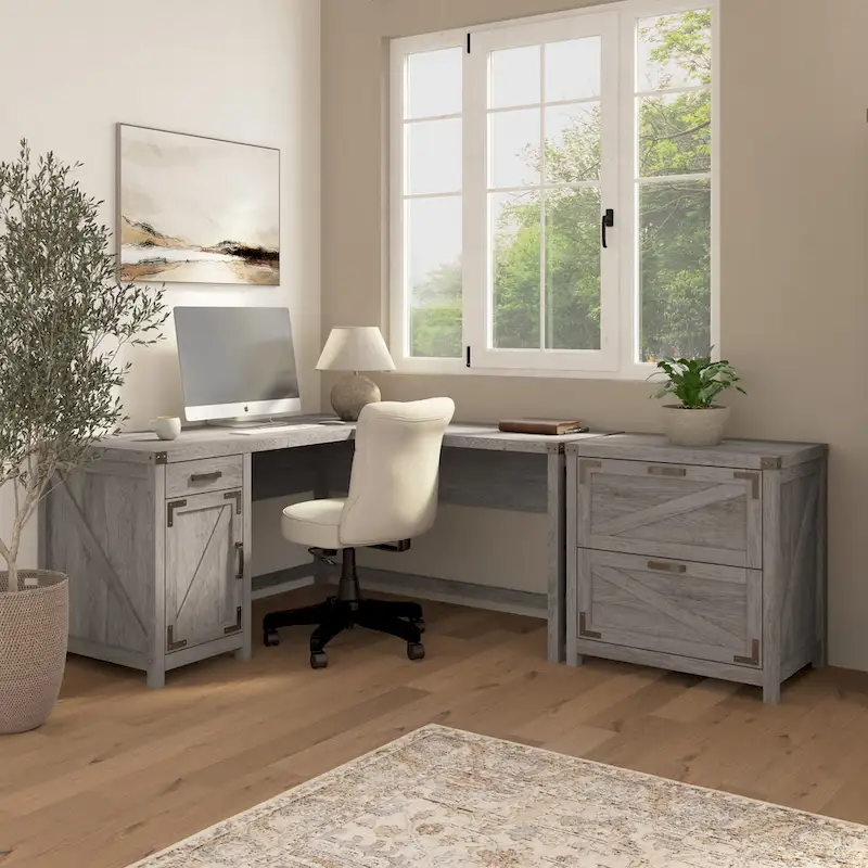 L-Shaped Corner Desk with 2-Drawer File Cabinet – Restored Gray / Reclaimed Pine / Cottage White