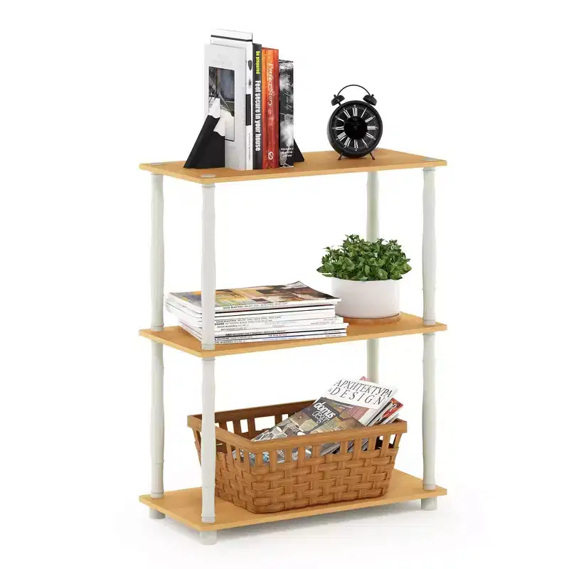 3-Tier Decorative Bookshelf Open Multipurpose Shelf Bookcase Freestanding Display Rack with Classic Tube,Beech/White