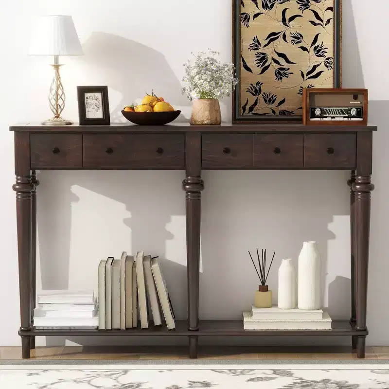 59.8IN Retro Entryway Table with 4 Drawers, Narrow Console Table with Open Shelves, Hallway Table for Living Room, Foyer, Espresso
