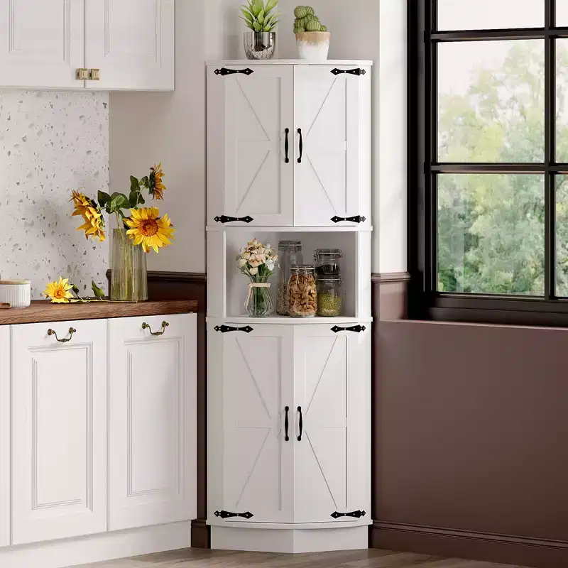 COZONY 65 Farmhouse Corner Cabinet with Barn Doors, 5-Tier Freestanding Corner Storage Cabinet for Kitchen, Bathroom or Living Room