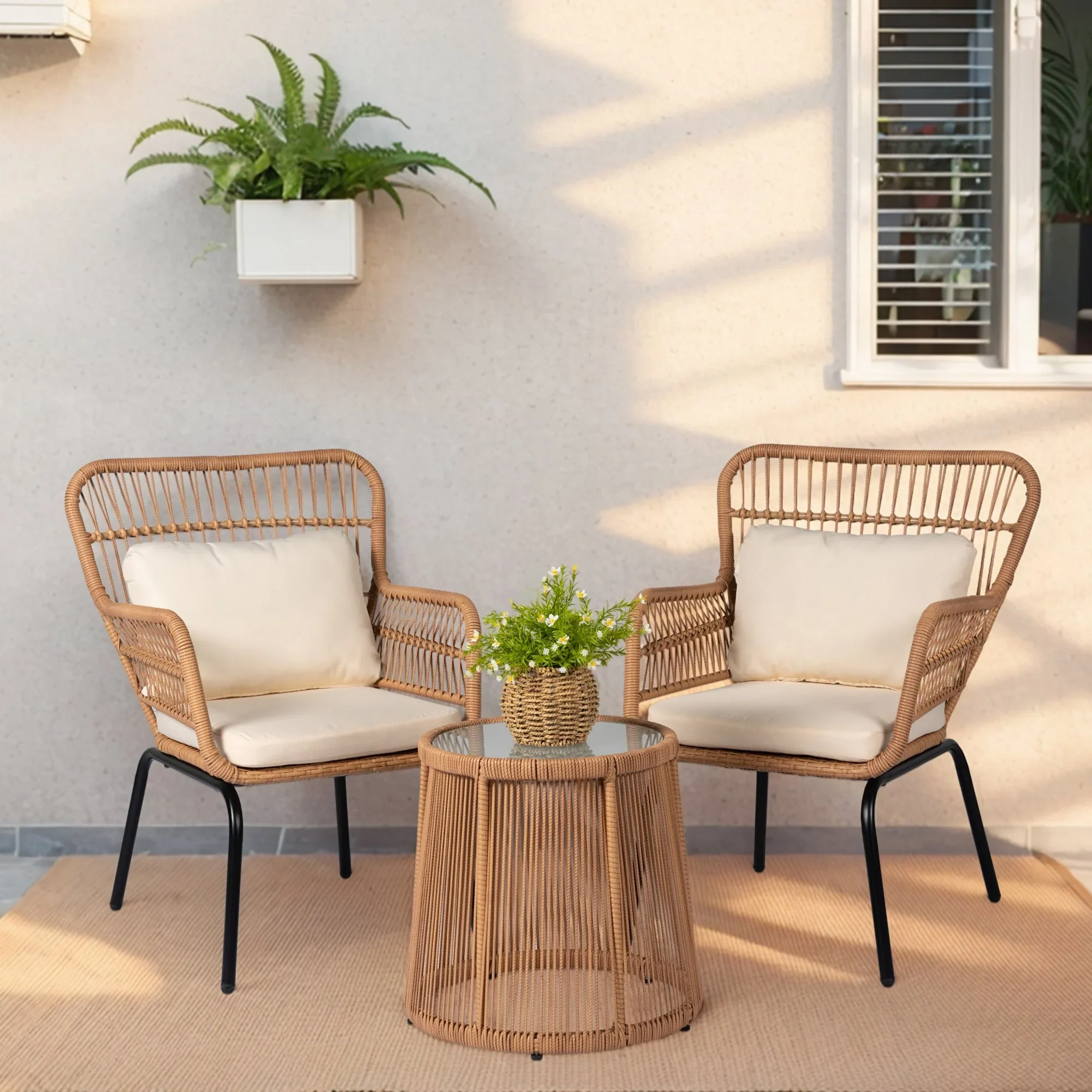 3 Piece Outdoor Wicker Conversation Bistro Set, All-Weather Rattan Furniture Patio Chairs Set with Cushions
