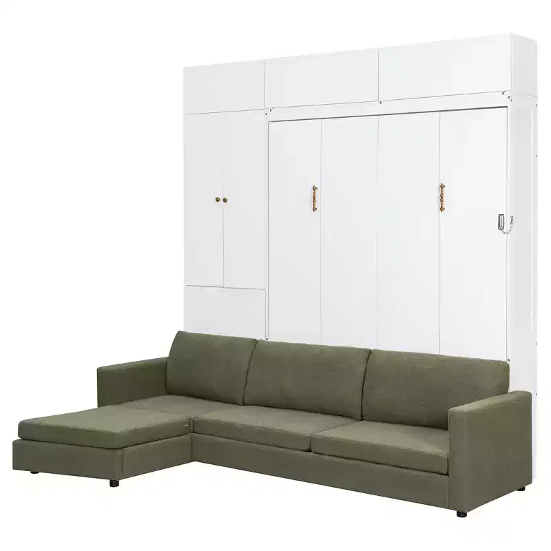 Queen Murphy Wall Bed with Beige Sofa and Shelves, Green Panel