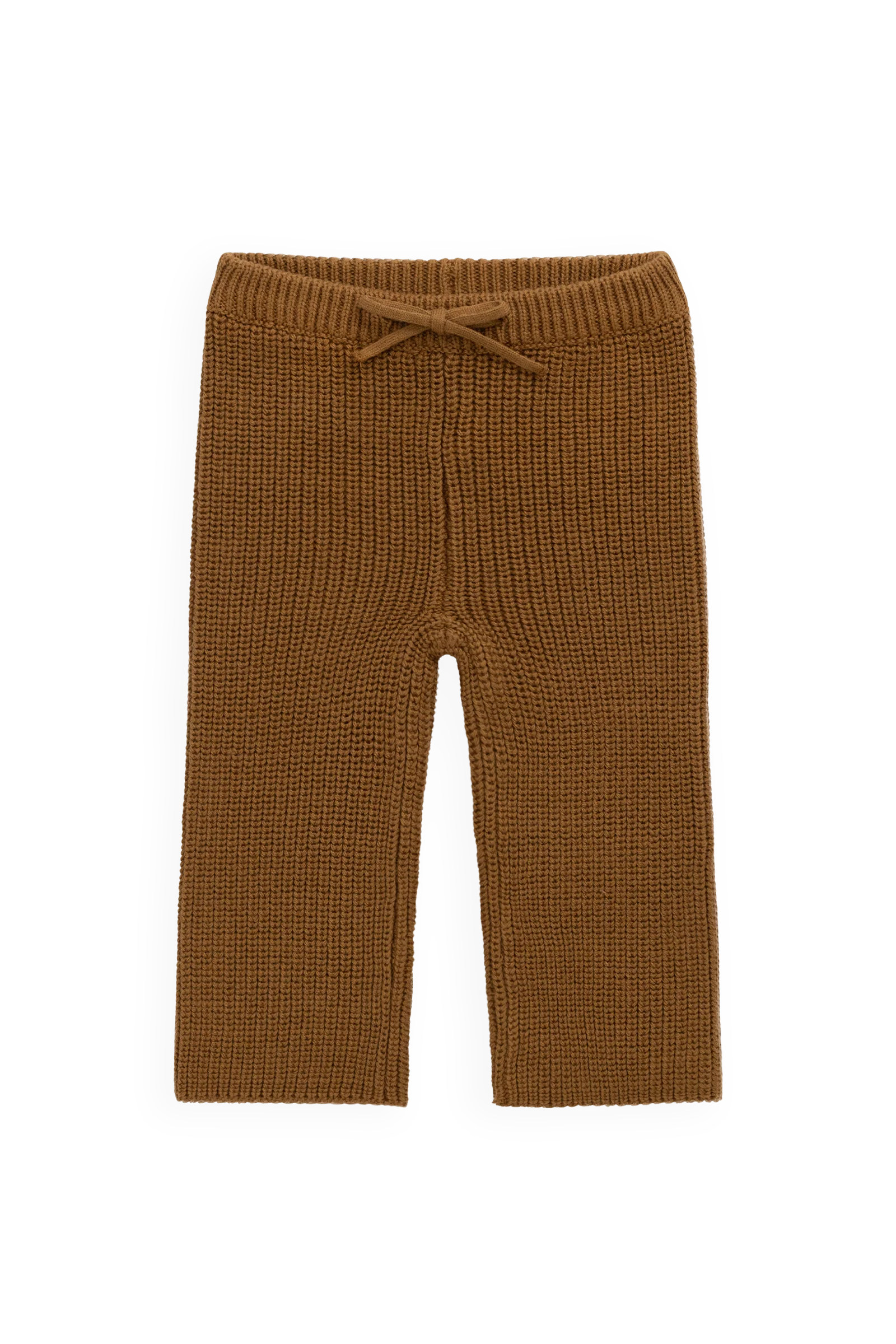 Cozy Autumn Bronze Solid Knit Cotton Pant with Elasticated Waist & Decorative Tie for Kids 0M–8Y
