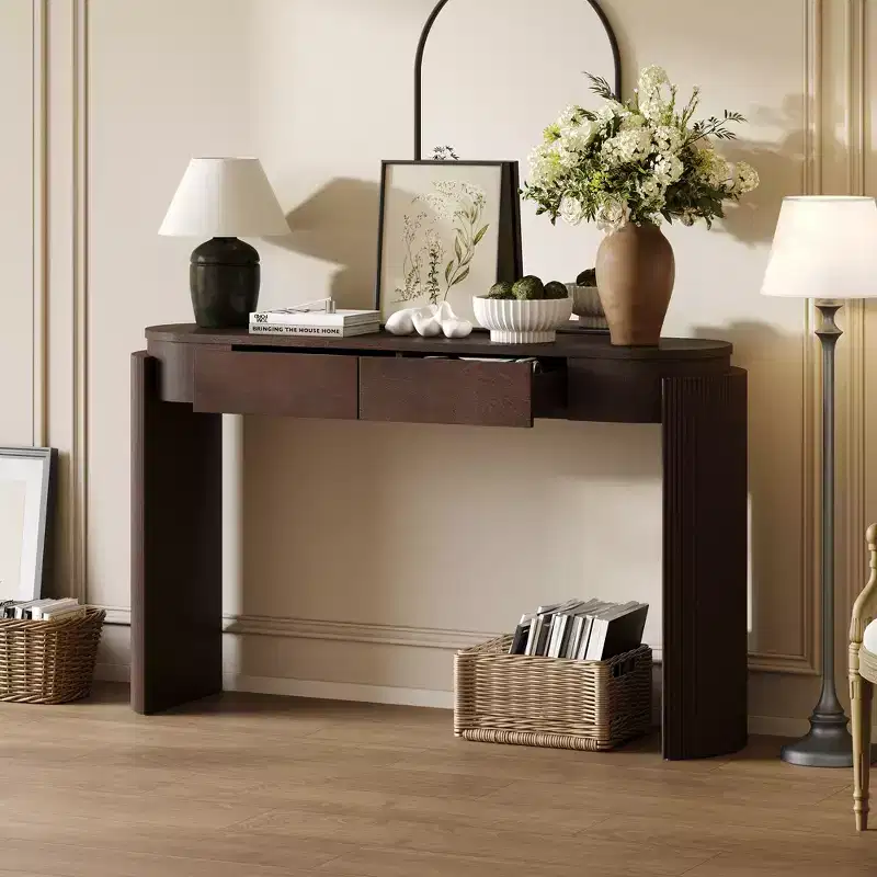 MAYEERTY Console Table with Natural Wood Grain Finish Fluted Design Oval Top and 2 Drawers for Entryway and Living Room Espresso