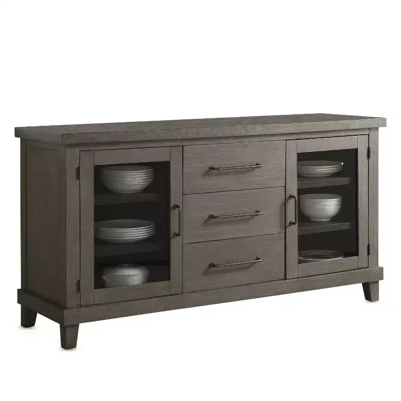 Mila Server Washed Gray Contemporary Style, Veneer Finish, Glass Doors, 3 Drawers
