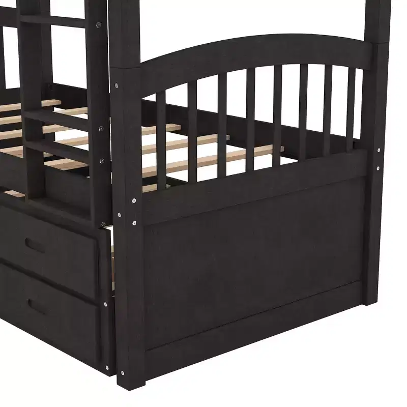 Twin over Twin Wood Bunk Bed with Ladder, Trundle & 3 Drawers – 400 lbs