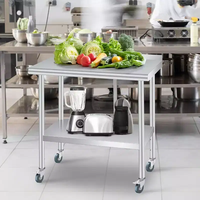 Stainless Steel Table with Wheels, 60x24in Heavy Duty Prep Workstation, Backsplash & Adjustable Shelf for Kitchen, Restaurant, Office