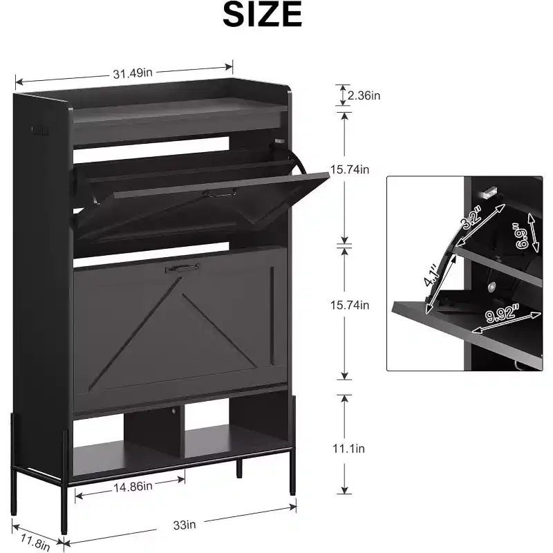 2-Drawer Shoe Cabinet, Freestanding Entryway Organizer with Flip-Up Doors, Metal Legs, Narrow Shoe Rack for Dry/Wet Separation Storage