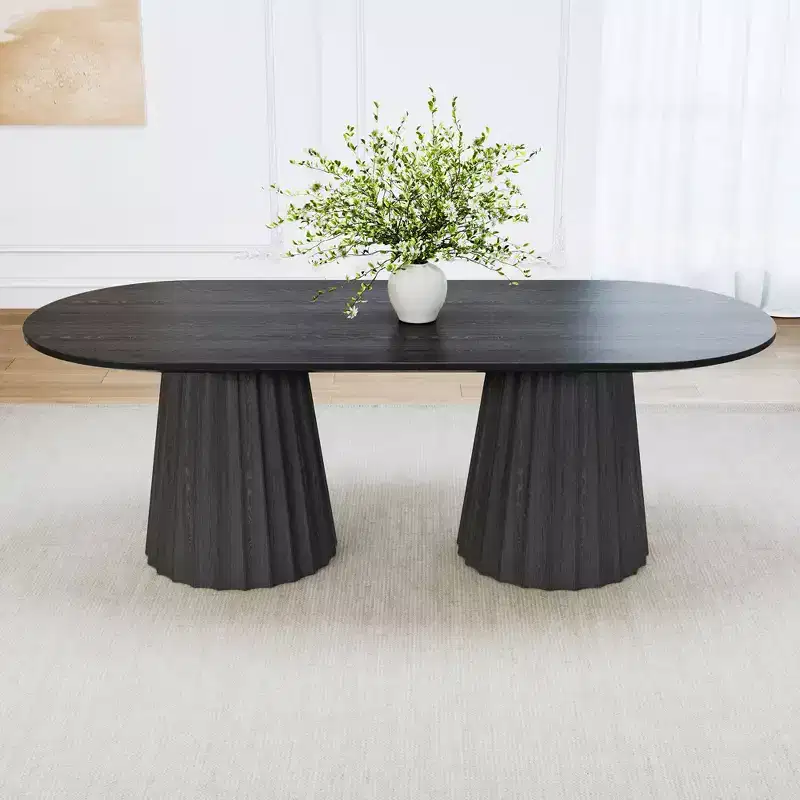 86 inch Double-base Oval Black Dining Table with 8 Dining chairs Suitable for Dining Room / Living Room