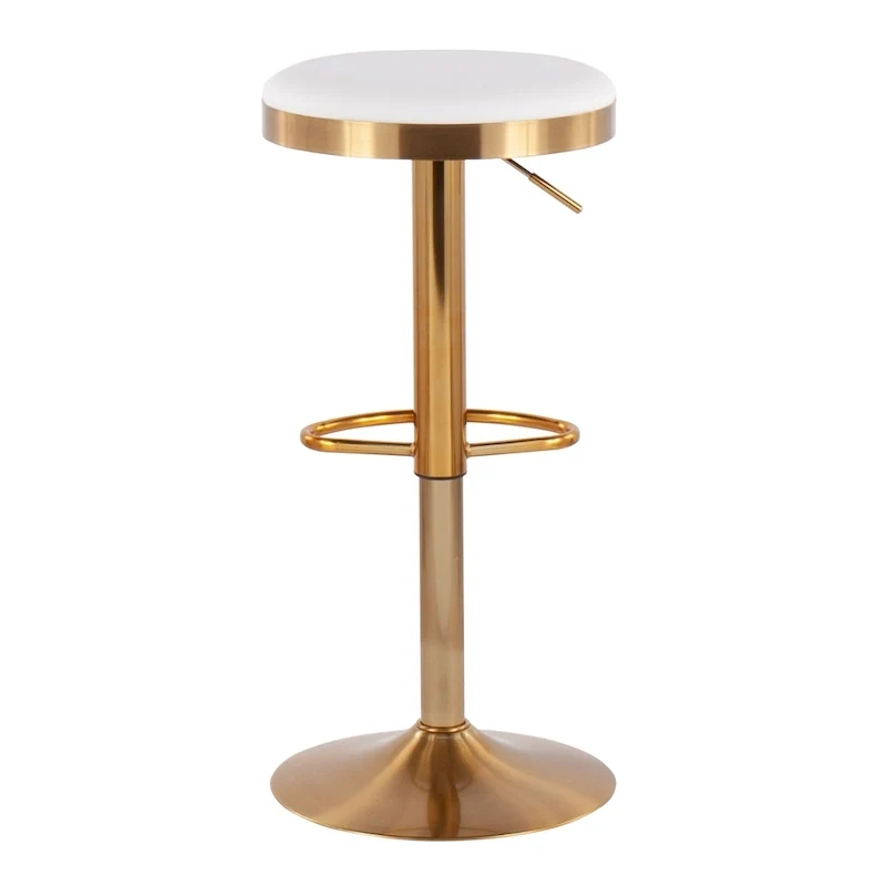 Set of 2 Counter Bar Stools | Gold Steel Frame | White Faux Leather | Adjustable Height