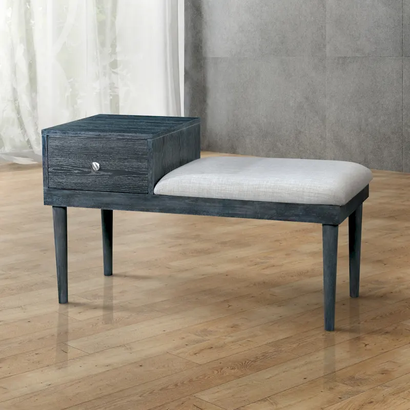 Contemporary Grey Solid Wood Accent Bench with 1 Drawer – Modern Entryway Storage Seat