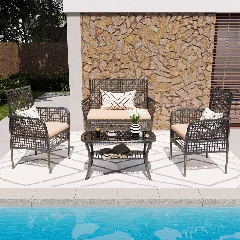 Whisen Patio 4 Pieces Outdoor Sofa Set, 4-person Patio Garden Wicker Conversation Seating Set with Tempered Glass Table and Soft Cushions