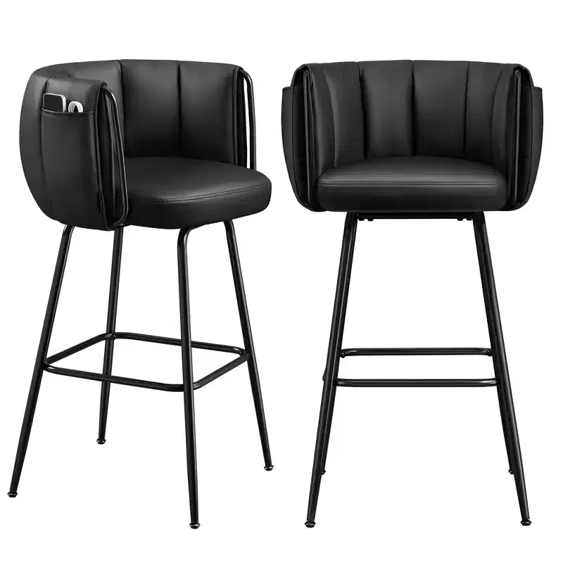 Set of 2 Upholstered Bar Stools with 360 Swivel Seat & Storage Pockets, Curved Back and Footrest, 265 lb Capacity Counter Height Stools, Ink Black