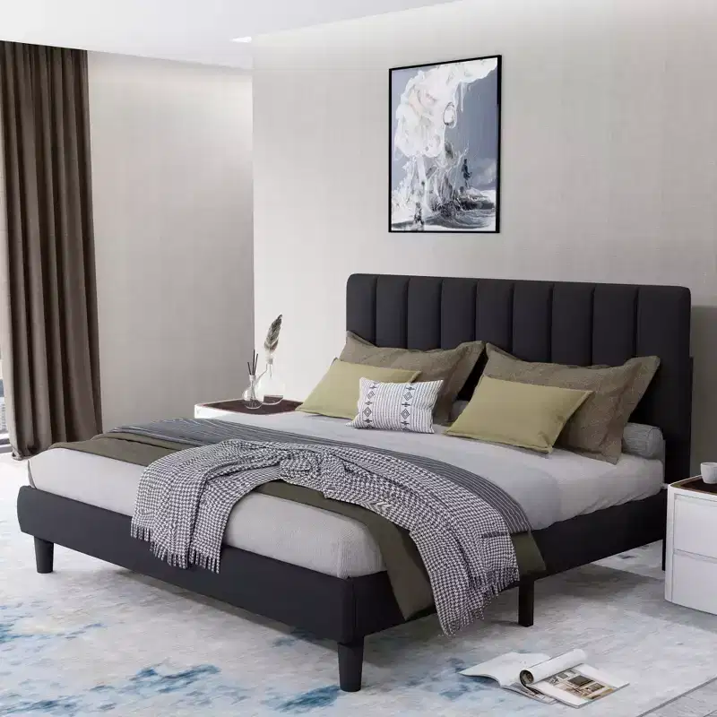 Okak Full/Queen Elegant Velvet Platform Bed Frame with Adjustable Upholstered Headboard for Primary Bedroom,No Box Spring Needed